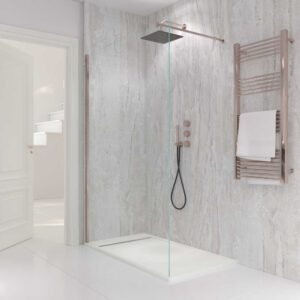 Fijo de ducha mampara ZEN perfil Oro Rosa - Vidrio 8 MM con tratamiento anti-cal incluido- Brazo sujección acero inox. extensible