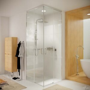 Mampara de ducha TECH HIGH cuadrada 2 fijos - 2 puertas correderas vidrio 8 mm. ACERO INOXIDABLE fabricada a techo