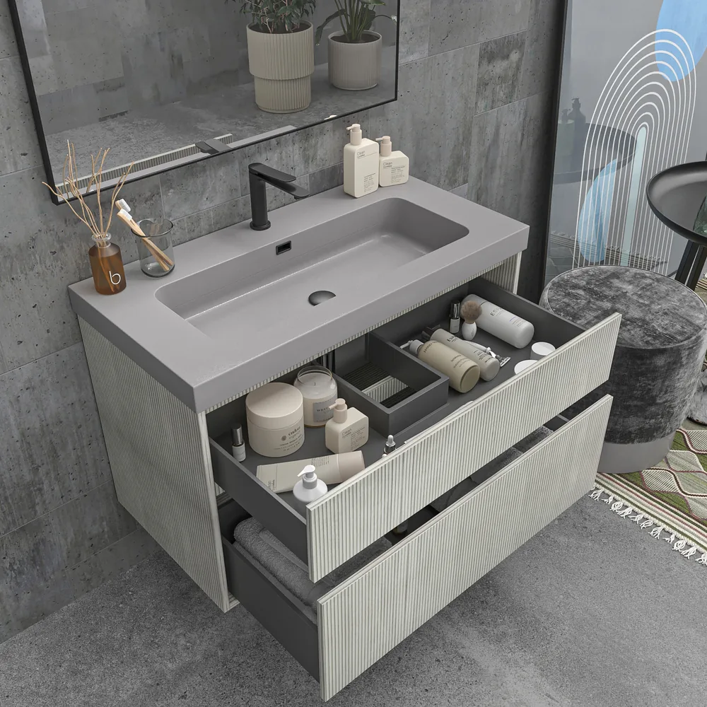 Mueble de baño suspendido 2 cajones YOKO Polar con lavabo resina Gris Platino - Imagen 2
