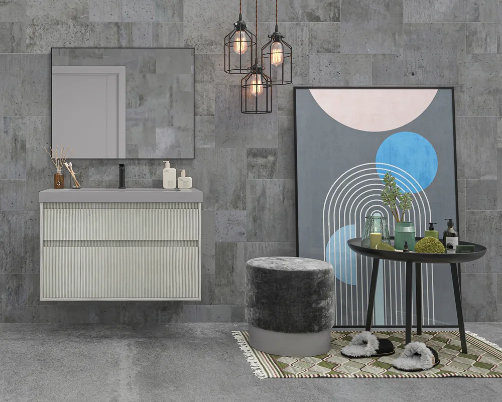 Mueble de baño suspendido 2 cajones YOKO Polar con lavabo resina Gris Platino - Imagen 4