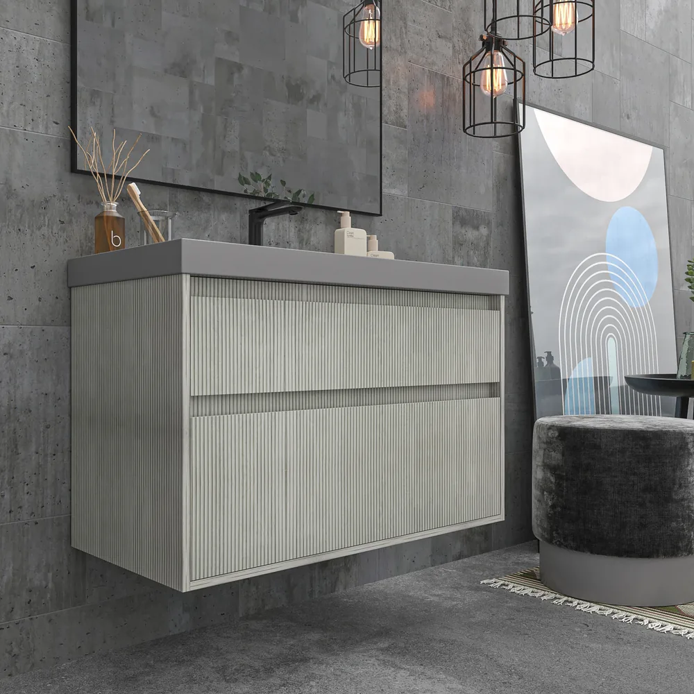 Mueble de baño suspendido 2 cajones YOKO Polar con lavabo resina Gris Platino