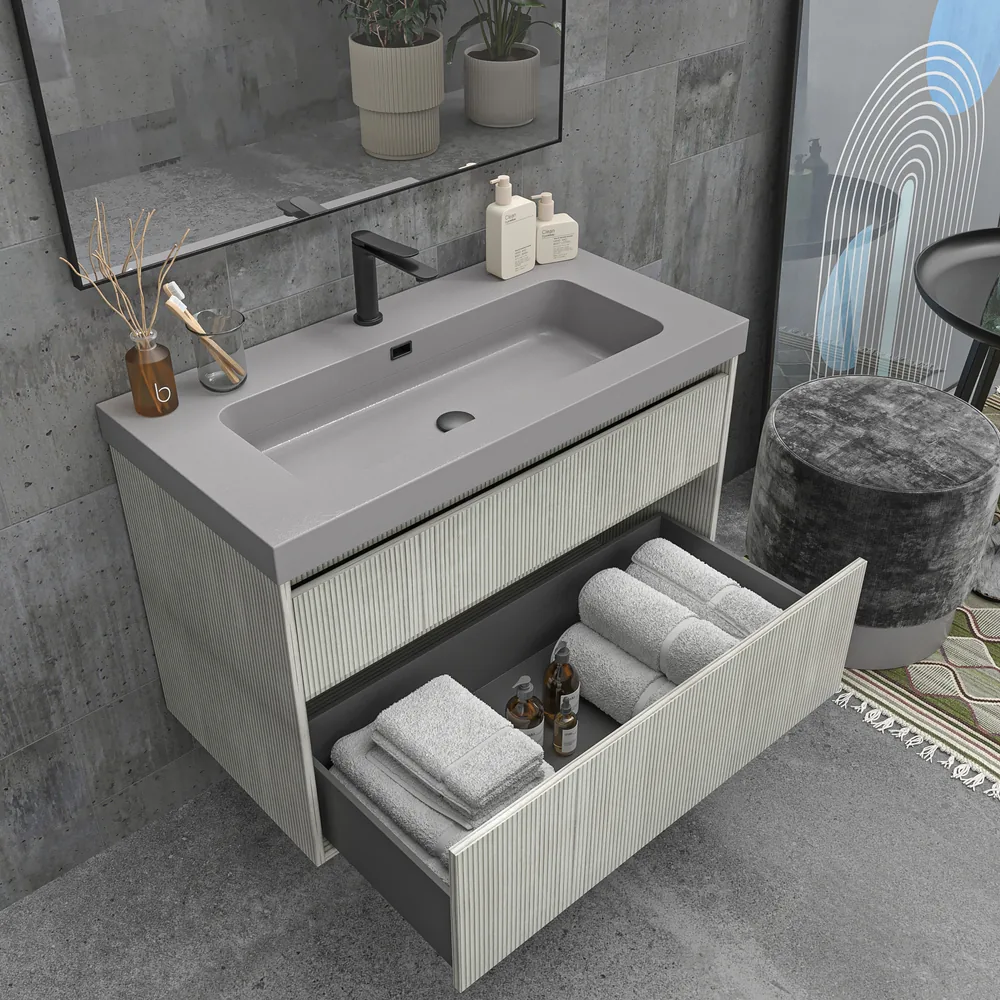 Mueble de baño suspendido 2 cajones YOKO Polar con lavabo resina Gris Platino - Imagen 3