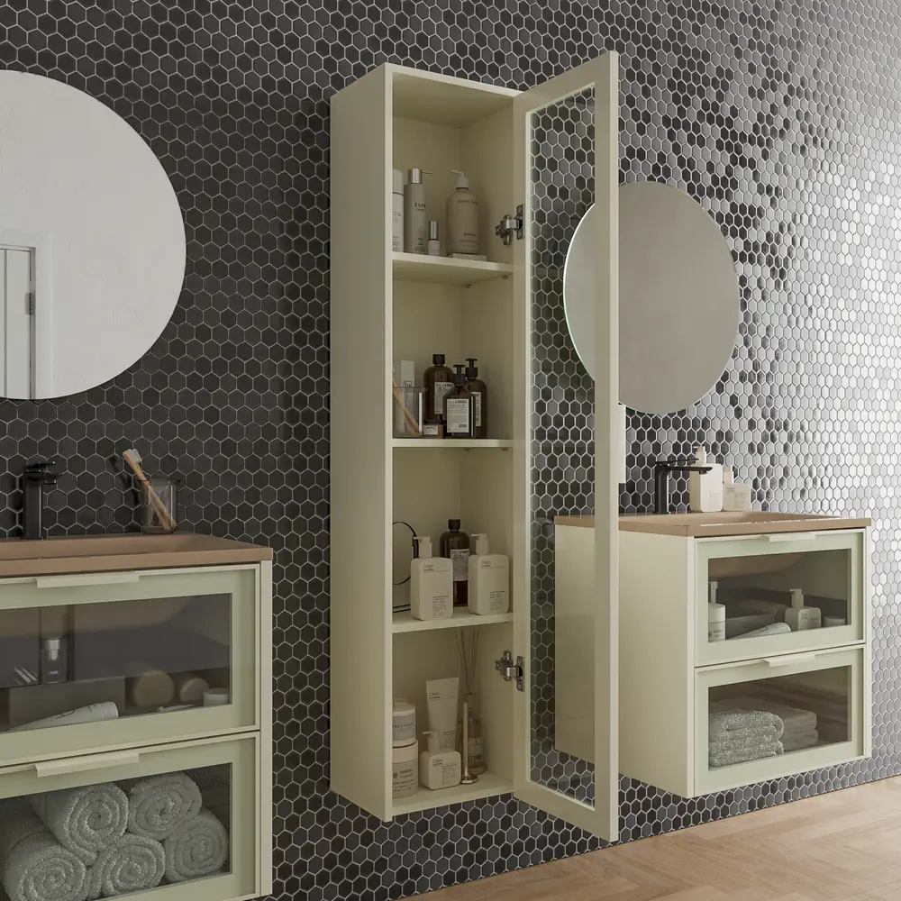 Mueble de baño suspendido 2 cajones frente cristal BETA con lavabo Solid Surface CREMA - Imagen 2