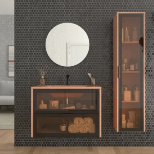 Mueble de baño suspendido 2 cajones frente cristal gris BETA  con lavabo Solid Surface ROJO BEIGE