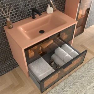 Mueble de baño suspendido 2 cajones frente cristal gris BETA  con lavabo Solid Surface ROJO BEIGE