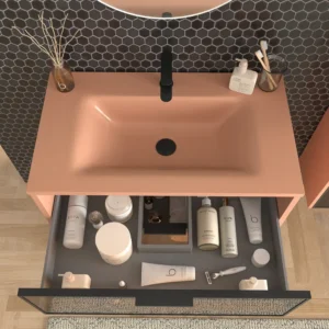 Mueble de baño suspendido 2 cajones frente cristal gris BETA  con lavabo Solid Surface ROJO BEIGE