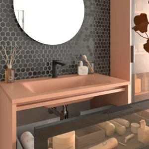 Mueble de baño suspendido 2 cajones frente cristal gris BETA  con lavabo Solid Surface ROJO BEIGE