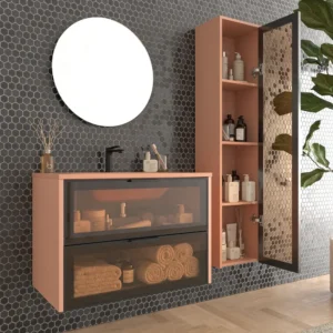 Mueble de baño suspendido 2 cajones frente cristal gris BETA  con lavabo Solid Surface ROJO BEIGE