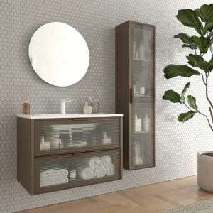 Mueble de baño suspendido 2 cajones frente cristal acanalado BETA  con lavabo Solid Surface MARRON TERRA
