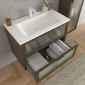 Mueble de baño suspendido 2 cajones frente cristal acanalado BETA  con lavabo Solid Surface MARRON TERRA