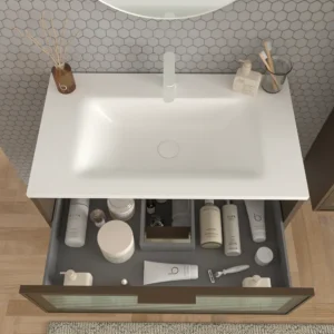 Mueble de baño suspendido 2 cajones frente cristal acanalado BETA  con lavabo Solid Surface MARRON TERRA