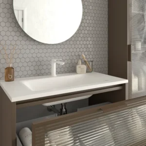 Mueble de baño suspendido 2 cajones frente cristal acanalado BETA  con lavabo Solid Surface MARRON TERRA