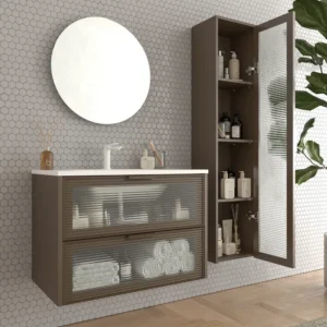 Mueble de baño suspendido 2 cajones frente cristal acanalado BETA  con lavabo Solid Surface MARRON TERRA