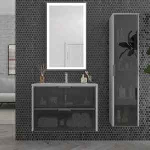 Mueble de baño suspendido 2 cajones frente cristal gris  BETA  con lavabo Solid Surface GRIS SEÑAL