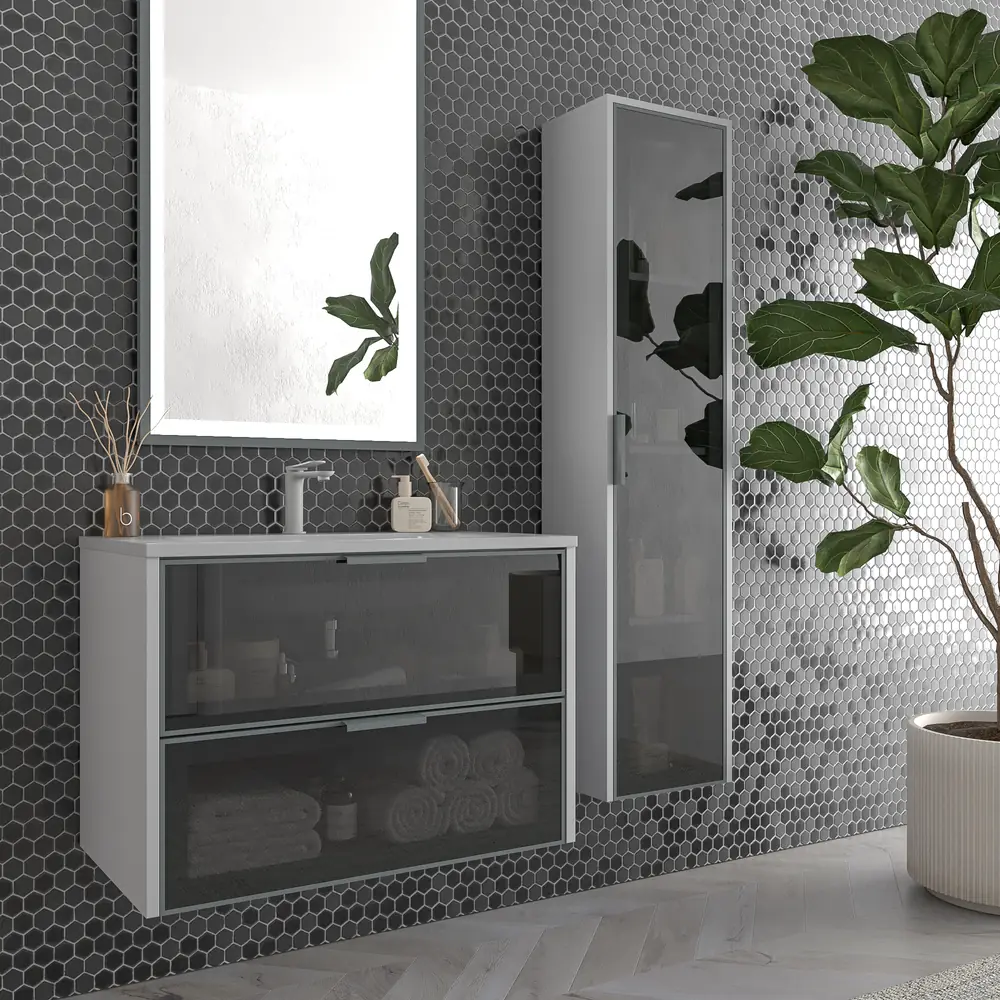 Mueble de baño suspendido 2 cajones frente cristal gris BETA con lavabo Solid Surface GRIS SEÑAL