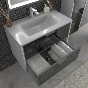 Mueble de baño suspendido 2 cajones frente cristal gris  BETA  con lavabo Solid Surface GRIS SEÑAL