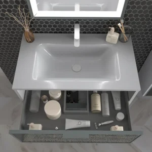 Mueble de baño suspendido 2 cajones frente cristal gris  BETA  con lavabo Solid Surface GRIS SEÑAL