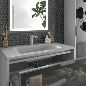 Mueble de baño suspendido 2 cajones frente cristal gris  BETA  con lavabo Solid Surface GRIS SEÑAL
