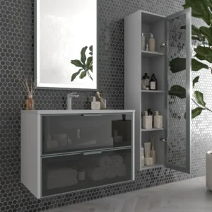 Mueble de baño suspendido 2 cajones frente cristal gris  BETA  con lavabo Solid Surface GRIS SEÑAL