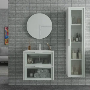 Mueble de baño suspendido 2 cajones frente cristal acanalado BETA  con lavabo Solid Surface  BLANCO