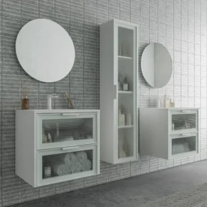 Mueble de baño suspendido 2 cajones frente cristal acanalado BETA  con lavabo Solid Surface  BLANCO