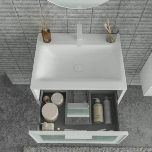 Mueble de baño suspendido 2 cajones frente cristal acanalado BETA  con lavabo Solid Surface  BLANCO