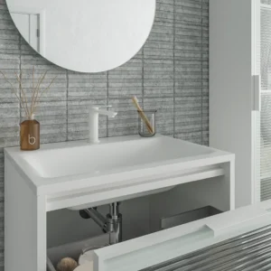 Mueble de baño suspendido 2 cajones frente cristal acanalado BETA  con lavabo Solid Surface  BLANCO