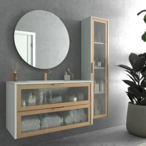Mueble de baño suspendido 2 cajones  frente cristal acanalado BETA  con lavabo Solid Surface   GRIS