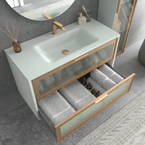 Mueble de baño suspendido 2 cajones  frente cristal acanalado BETA  con lavabo Solid Surface   GRIS