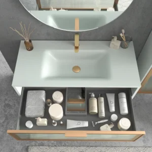 Mueble de baño suspendido 2 cajones  frente cristal acanalado BETA  con lavabo Solid Surface   GRIS