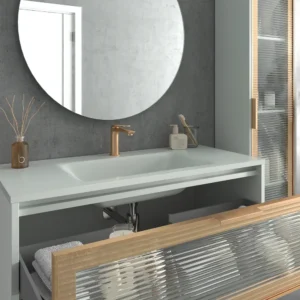 Mueble de baño suspendido 2 cajones  frente cristal acanalado BETA  con lavabo Solid Surface   GRIS