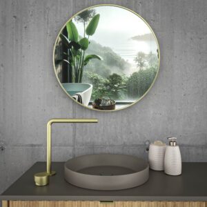 Espejo de baño ARES redondo con arenado pintado ORO con luz LED ambiental