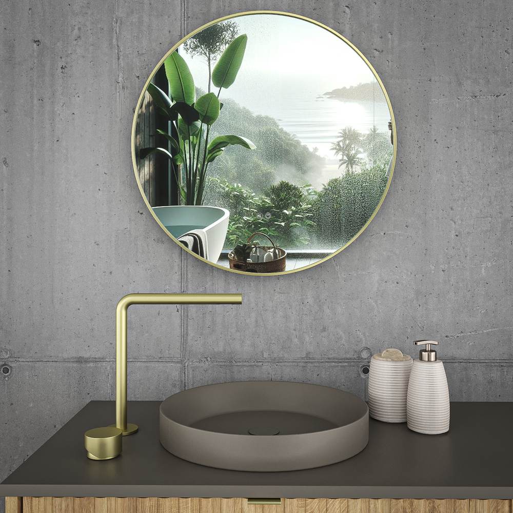 Espejo de baño ARES redondo con arenado pintado ORO con luz LED ambiental - Imagen 2