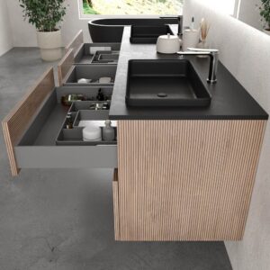 Mueble de baño suspendido DUNE 6 cajones BASTILLA con encimera SOLID SURFACE 2 senos acabado Negro