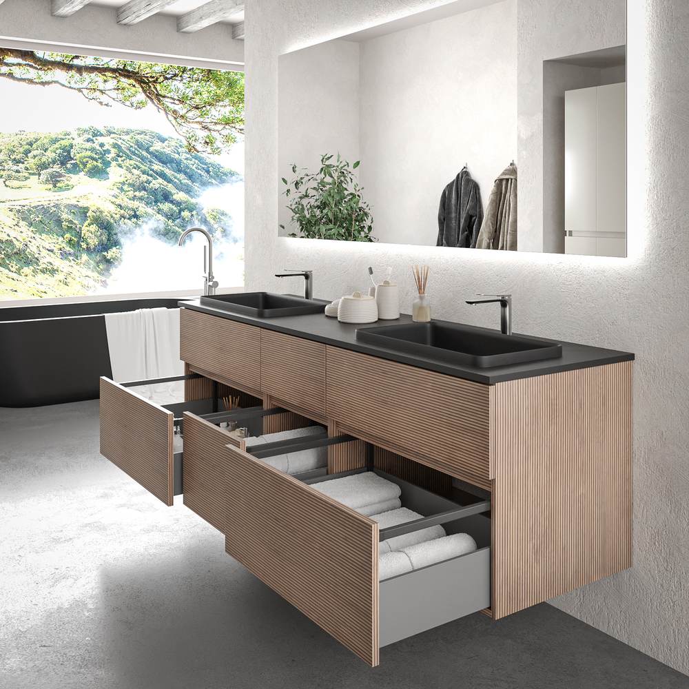 Mueble de baño suspendido DUNE 6 cajones BASTILLA con encimera SOLID SURFACE 2 senos acabado Negro - Imagen 4
