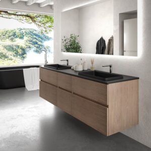 Mueble de baño suspendido DUNE 6 cajones BASTILLA con encimera SOLID SURFACE 2 senos acabado Negro
