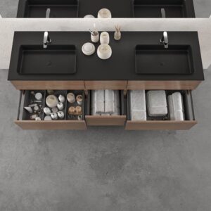 Mueble de baño suspendido DUNE 6 cajones BASTILLA con encimera SOLID SURFACE 2 senos acabado Negro