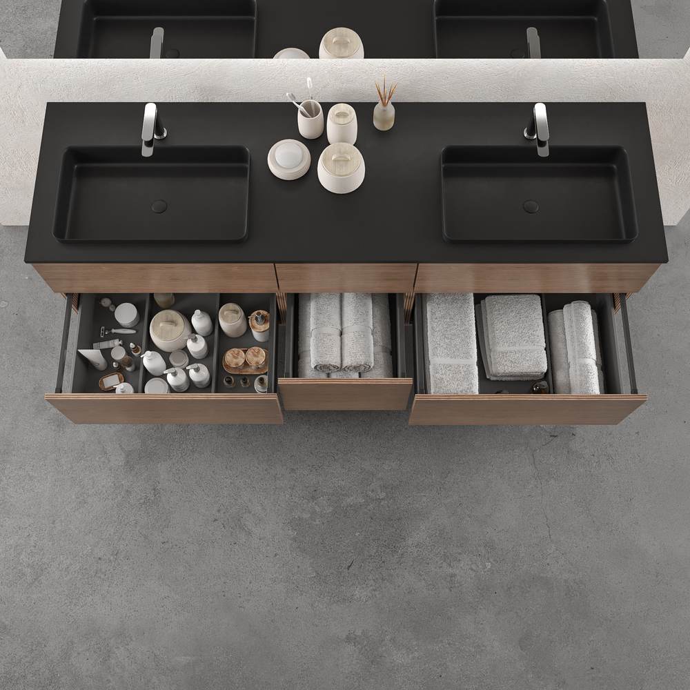 Mueble de baño suspendido DUNE 6 cajones BASTILLA con encimera SOLID SURFACE 2 senos acabado Negro - Imagen 2