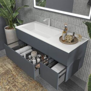 Mueble de baño DUNE suspendido 4 cajones con encimera SOLID SURFACE 2 senos Gris Grafito