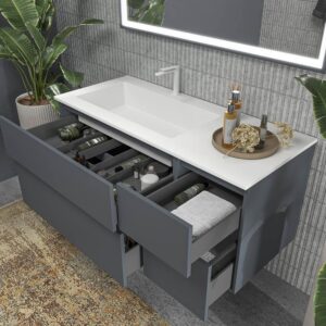 Mueble de baño DUNE suspendido 4 cajones con encimera SOLID SURFACE 2 senos Gris Grafito