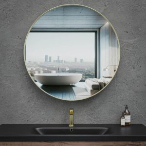 Espejo de baño LUNA redondo con canto aluminio ORO Cepillado con luz LED ambiental