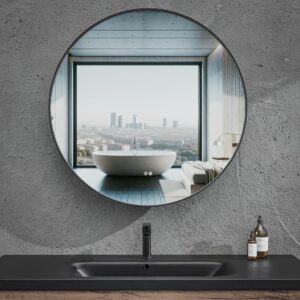 Espejo de baño LUNA redondo con canto aluminio NEGRO con luz LED ambiental