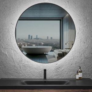 Espejo de baño LUNA redondo con canto aluminio NEGRO con luz LED ambiental
