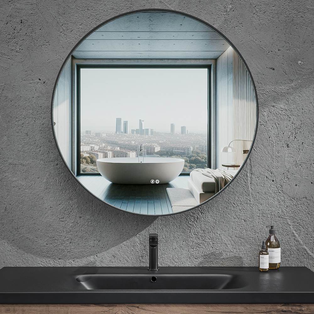 Espejo de baño LUNA redondo con canto aluminio NEGRO con luz LED ambiental - Imagen 3
