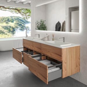 Mueble de baño suspendido DUNE 6 cajones MOHAVE con encimera SOLID SURFACE 2 senos acabado Blanco