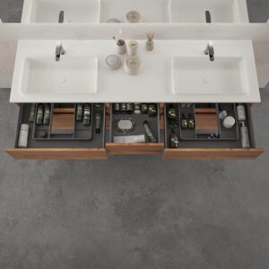Mueble de baño suspendido DUNE 6 cajones MOHAVE con encimera SOLID SURFACE 2 senos acabado Blanco