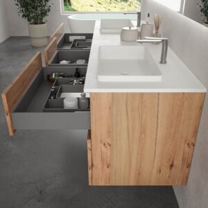 Mueble de baño suspendido DUNE 6 cajones MOHAVE con encimera SOLID SURFACE 2 senos acabado Blanco