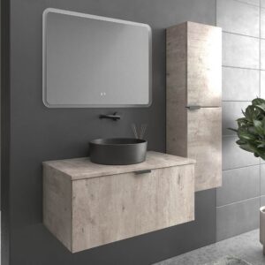 Mueble de baño suspendido 1 cajón SKIN HORMIGON  con lavabo porcelana OSIRIS NEGRO