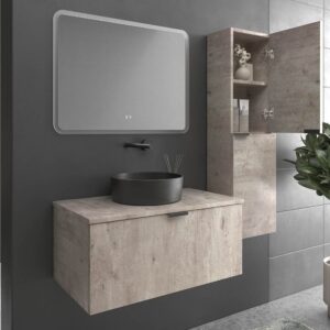 Mueble de baño suspendido 1 cajón SKIN HORMIGON  con lavabo porcelana OSIRIS NEGRO