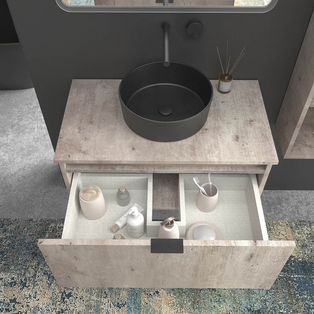 Mueble de baño suspendido 1 cajón SKIN HORMIGON con lavabo porcelana OSIRIS NEGRO - Imagen 2